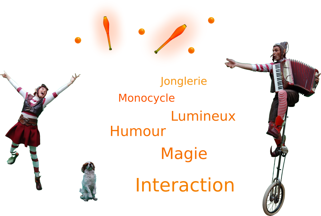 Montage photo des lutins texte: Jonglerie, Monocycle, Lumineux, Humour, Magie, Interaction. elle saute et lance des   balles et des massues lui en équilibre sur un monocycle avec un accordéon. il y a aussi un petit chien.